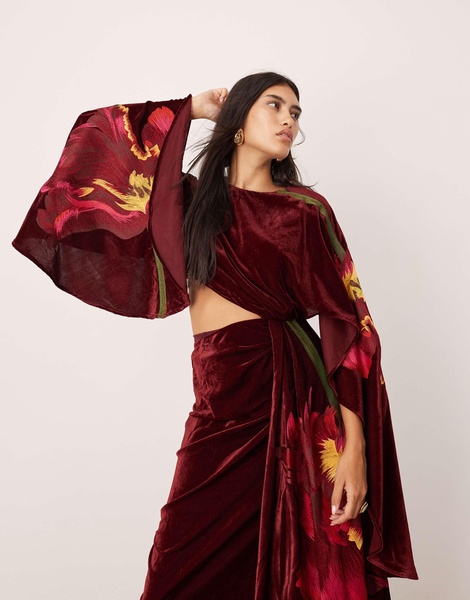 ASOS EDITION embroidered volume flare sleeve grecian cut out velvet maxi dress in burgundy