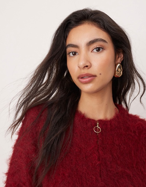 ASOS EDITION fluffy knit zip through cropped cardigan in burgundy