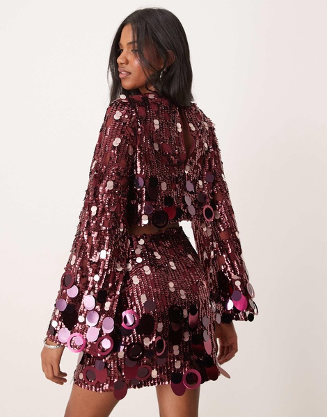 ASOS EDITION embellished sequin long sleeve crop top in burgundy - part of a set