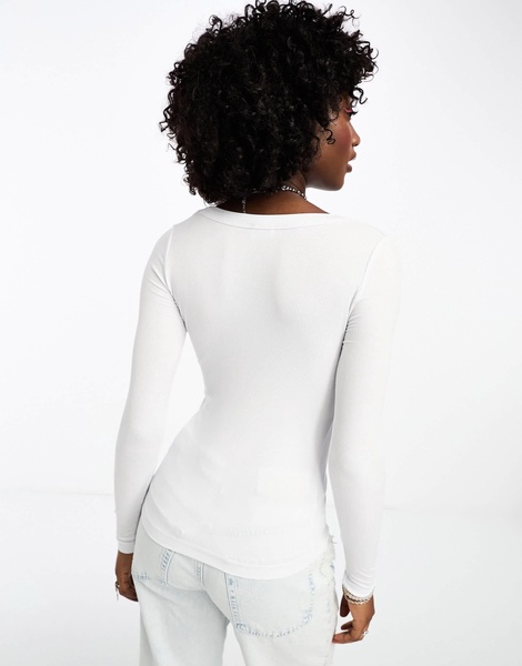 Cotton On ribbed scoop neck long sleeve top in white