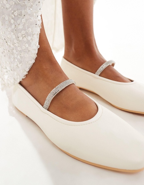 Truffle Collection wide fit bridal embellished strap ballet pumps in ivory