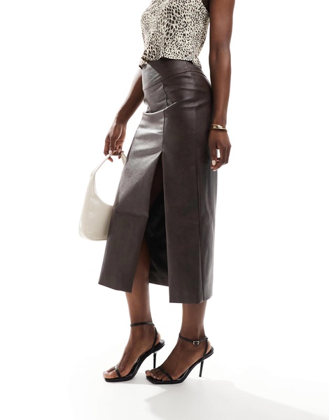 Bardot faux leather midi skirt in dark chocolate