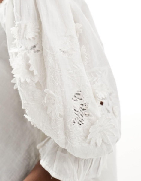 Free People lace applique cropped cotton blouse in white