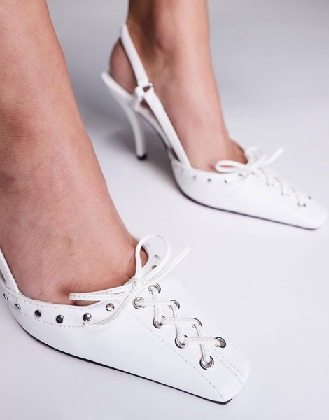 ASOS DESIGN Pretty lace up detailed slingback high heeled shoes in white