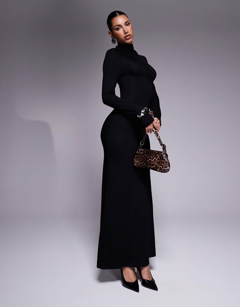 ASOS DESIGN high neck long sleeve with ruching maxi dress in black