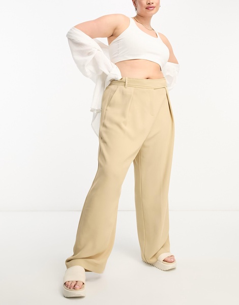 River Island Plus wide leg tailored dad pants in beige - part of a set