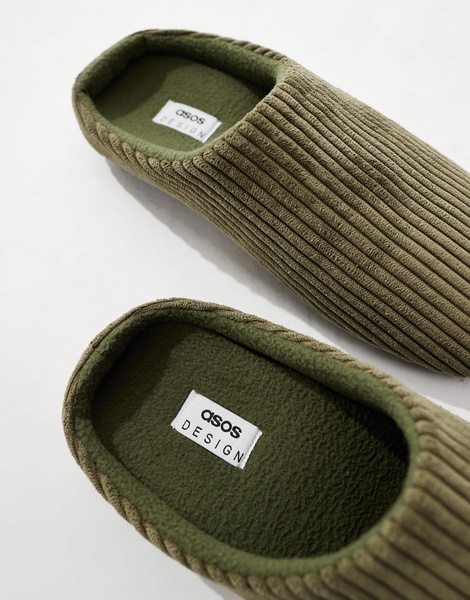 ASOS DESIGN mule slippers in khaki green cord