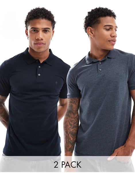 French Connection 2 pack short sleeve polo shirt in navy and melange