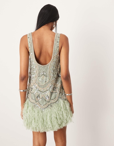 ASOS EDITION embellished scoop neck mini dress with faux feather hem in sage green