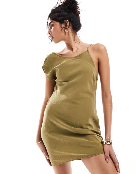 ASOS DESIGN one shoulder mini dress with back bra detail in khaki