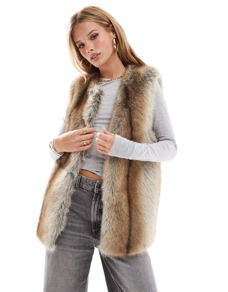 ASOS DESIGN collarless faux fur vest in tipped brown