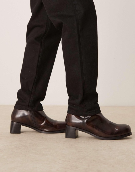 ASOS DESIGN heeled boots in brown burnished leather