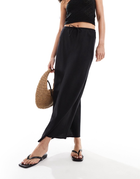 Mango linen mix midi skirt in black