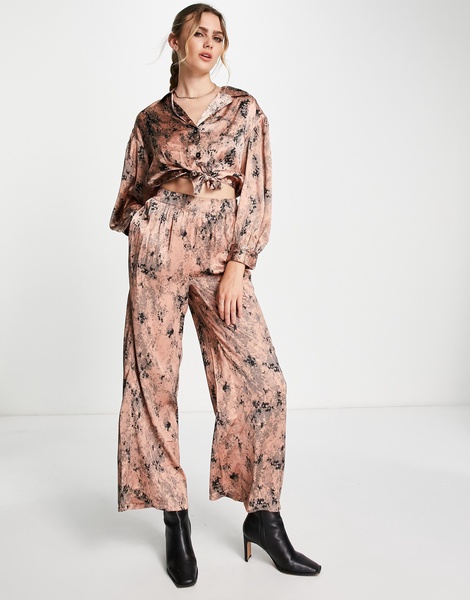 River Island printed wide leg pants in pink satin - part of a set