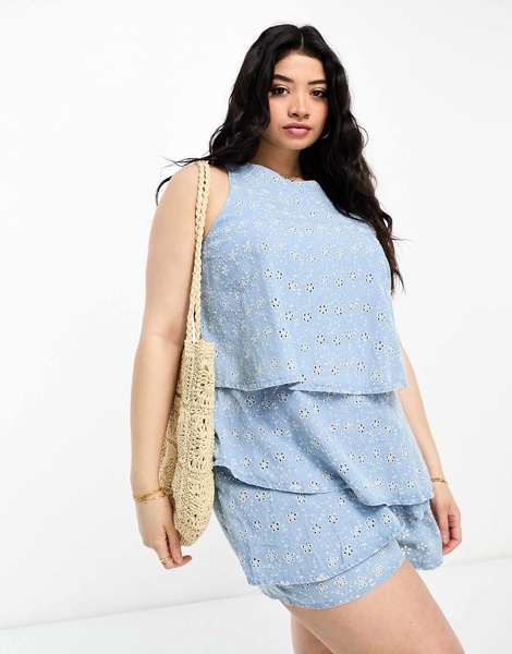 River Island Plus denim eyelet romper in light wash