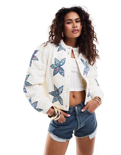 Free People quinn quilted patch insert denim jacket in off white