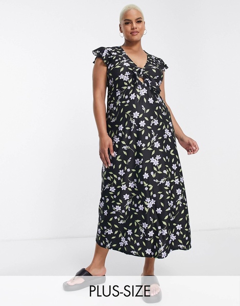 River Island Plus floral midi dress in black