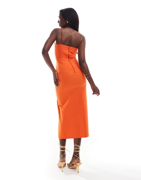 Vesper notch detail cami strap thigh split midi dress in orange