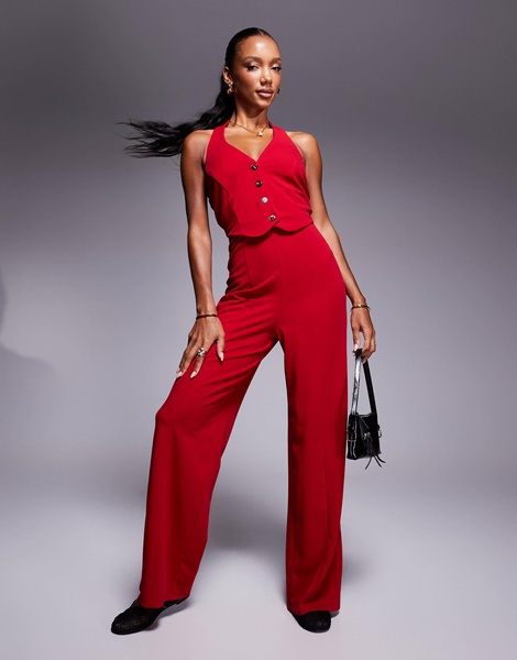 River Island Halter neck vest jumpsuit in red