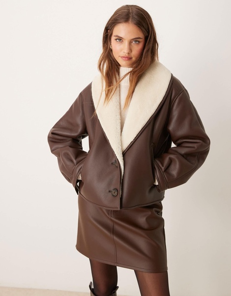 ASOS DESIGN shawl collar cropped shearling jacket in brown