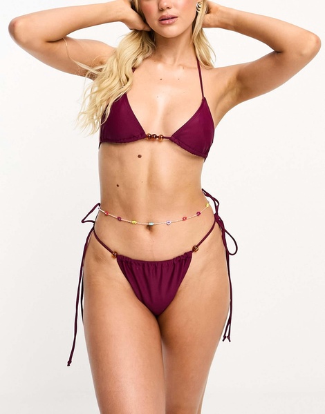 Motel leyna tie side bikini bottom with beads in burgundy