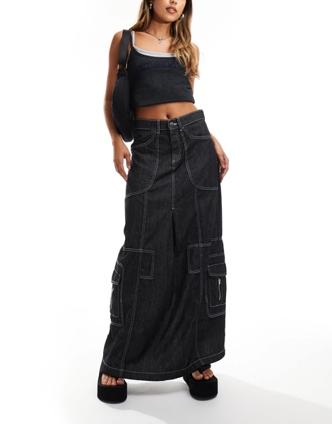 COLLUSION maxi skirt in lightweight denim with contrast stitch