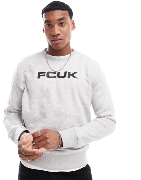 FCUK chest logo crew sweatshirt in light gray melange