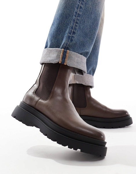 ASOS DESIGN high chelsea boots in brown with chunky sole