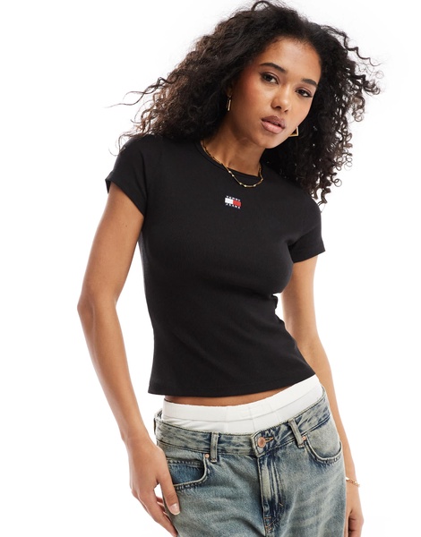 Tommy Jeans slim badge ribbed T-shirt in black