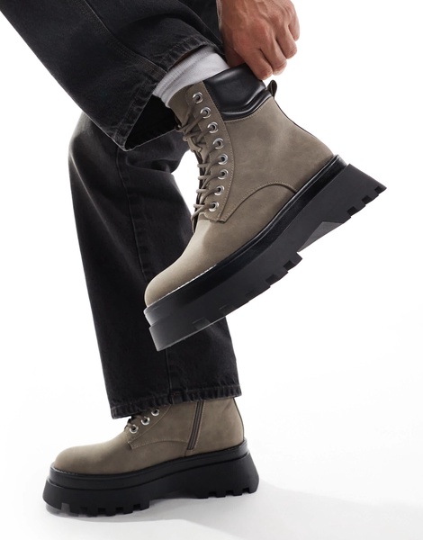 ASOS DESIGN lace up worker boots in gray with chunky sole