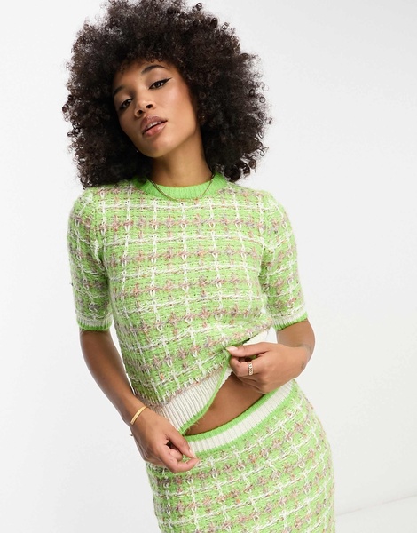 River Island textured check knit t-shirt in green