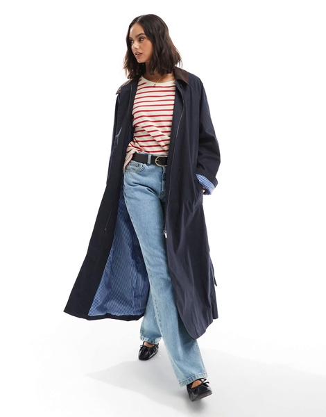 ASOS DESIGN cord collar trench coat in navy