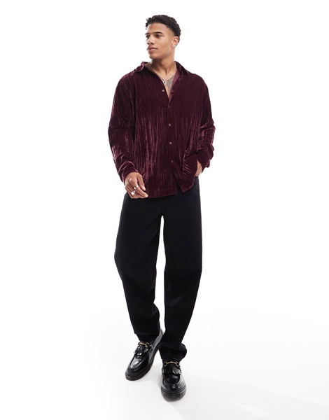 ASOS DESIGN boxy oversized shirt in crinkle velvet in burgundy