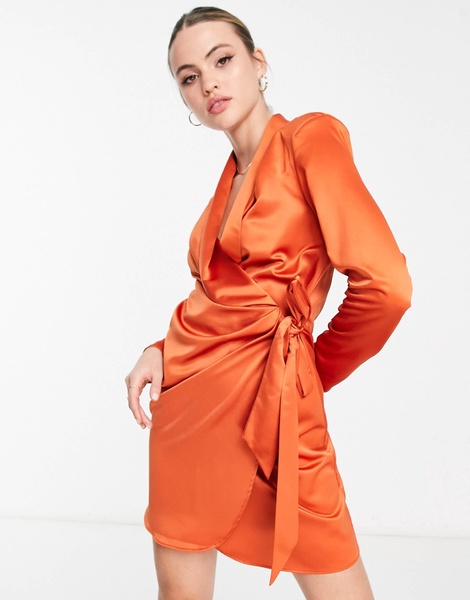 River Island Tall satin wrap blazer dress in orange