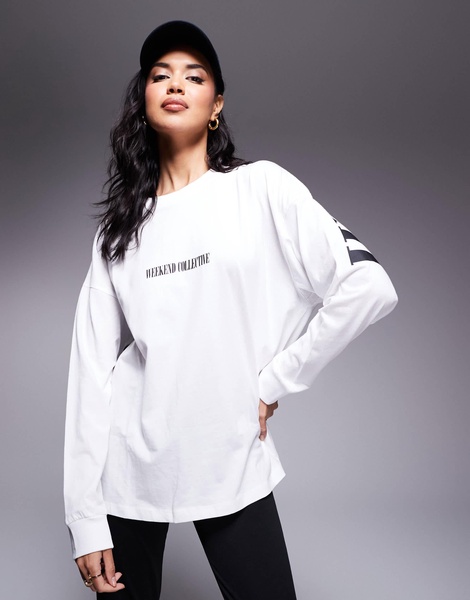 Weekend Collective oversized long sleeve t-shirt with stacked back logo in white