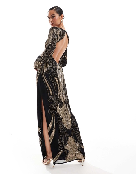 ASOS DESIGN embellished sheer long sleeve column maxi dress with open back in black and gold