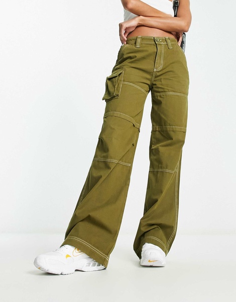 COLLUSION pocket detail cargo pants with white stitch in olive