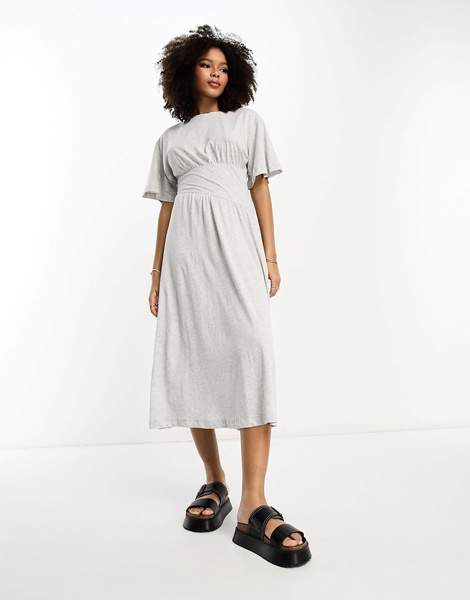 River Island jersey smock midi dress with cinched waist in light gray