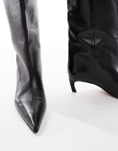 ASOS DESIGN Cleona premium leather kitten heel knee boots in black leather