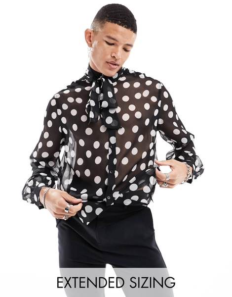 ASOS DESIGN relaxed sheer shirt in large polka dots with tie neck in black