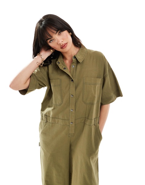 ASOS DESIGN linen look boilersuit with contrast stitch in olive