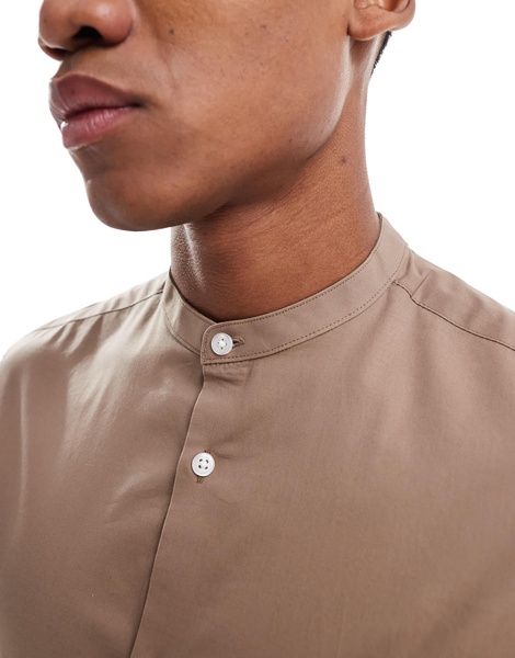 ASOS DESIGN skinny poplin shirt with grandad collar in brown