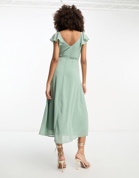 Vila Bridesmaid wrap full skirt maxi dress with flutter sleeves in green