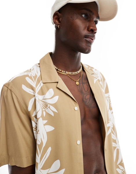 French Connection short sleeve floral print camp collar shirt in stone