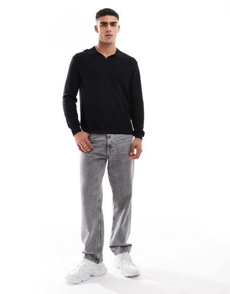 Cotton On long sleeve knitted polo lightweight sweater in black