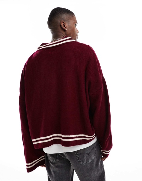 ASOS DESIGN knitted extreme oversized cropped v neck sweater in burgundy with tipping