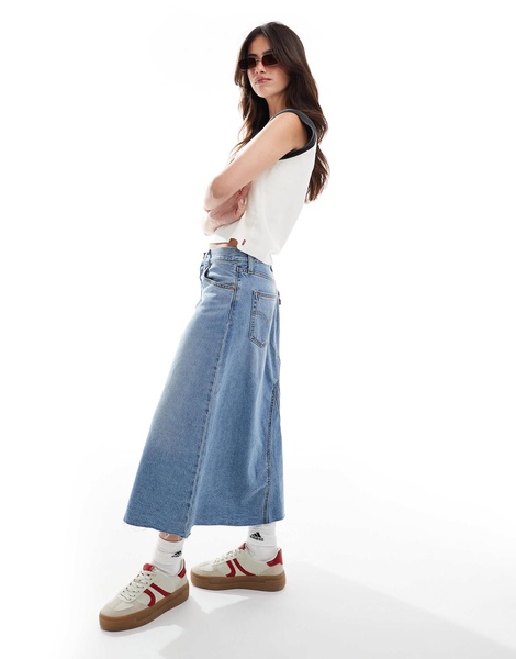 Levi's high rise a-line deconstructed long denim skirt in mid blue