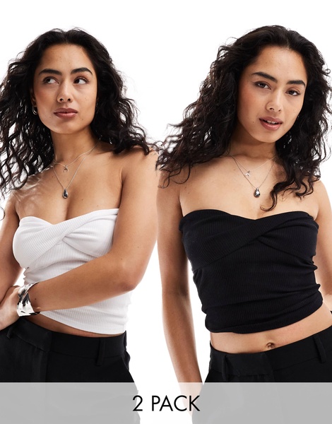 Cotton On 2 pack twist front bandeau crop top in black white