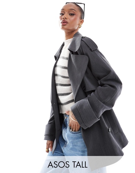 ASOS DESIGN Tall oversized tailored trench coat with belt in gray