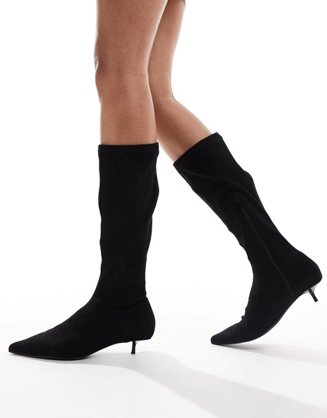 ASOS DESIGN Certain extreme mini kitten heel sock knee boots in black micro